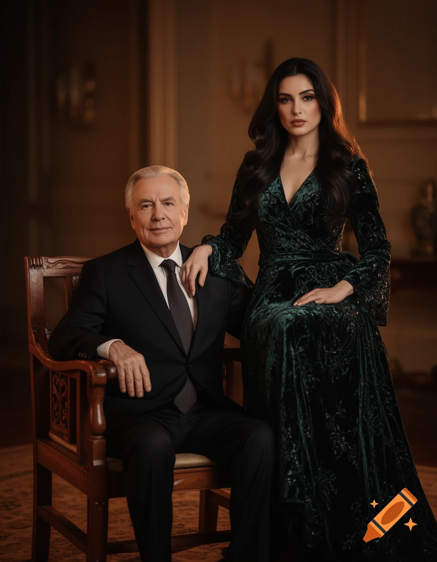 A formally dressed older man sits in a wooden chair next to a woman in a dark green velvet gown in an elegant room.