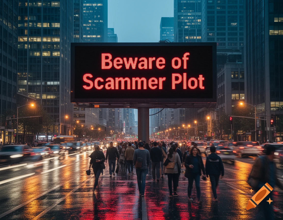 Photorealistic image of a busy city street at dusk with people and cars, a large digital sign displays 'Beware of Scammer Plot' in red.
