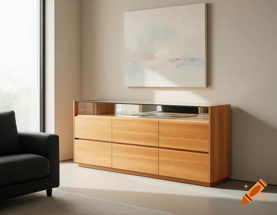 Modern light wood sideboard with glass top and drawers in a minimalist room with a grey chair and abstract art.