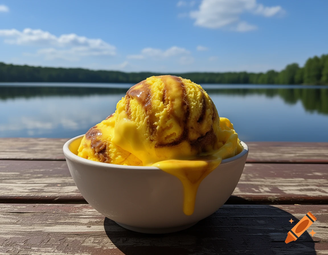 Melting yellow and brown swirled ice cream in a white bowl on a wooden dock overlooking a serene lake with green trees under a clear blue sky.
