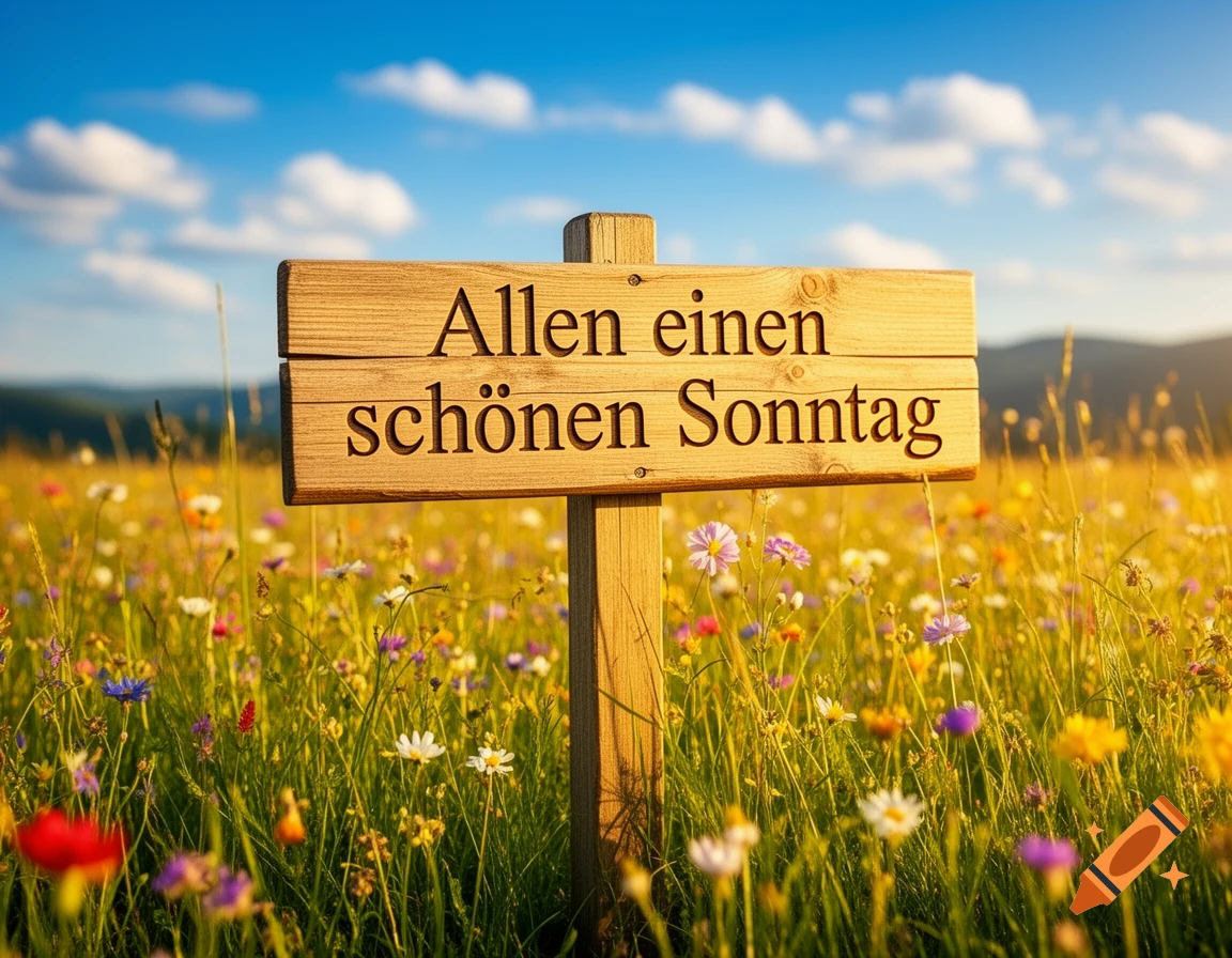 A wooden sign with 'Allen einen schönen Sonntag' written in German stands in a vibrant field of wildflowers under a bright blue sky.