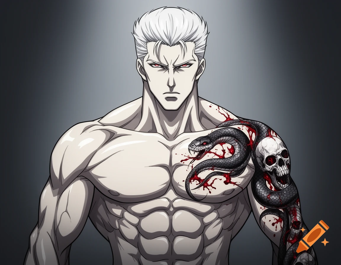 Anime illustration of a muscular white-haired man with red eyes and a dark snake and skull tattoo sleeve with red splatters.