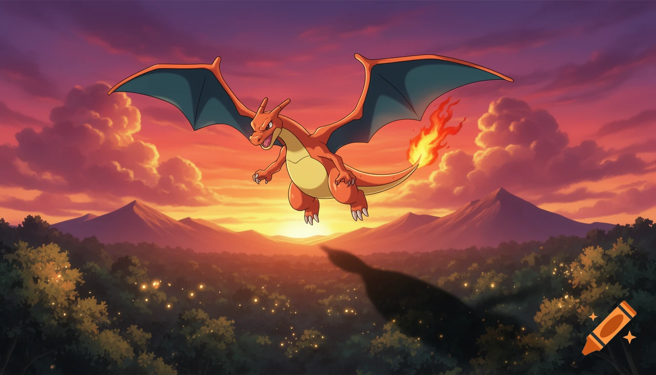 An orange Charizard, a dragon-like Pokémon, flies over a forest and mountains during a vibrant sunset.