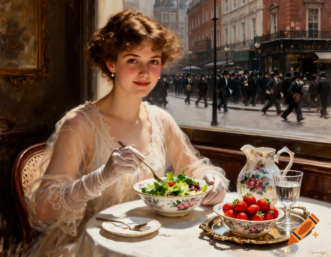 An oil painting of a young woman in 1890s attire, eating salad at a cafe with a bustling London street visible through the window.
