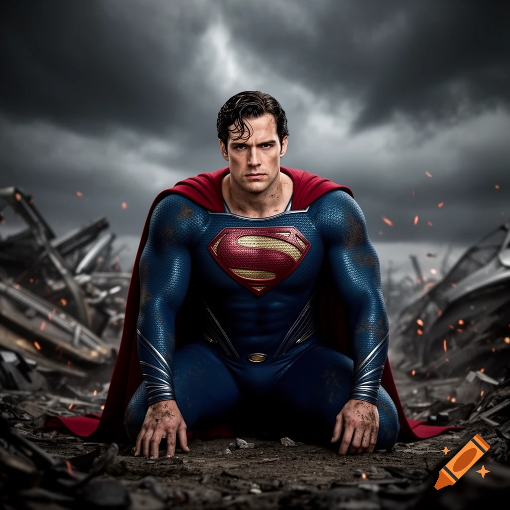 Henry Cavill as Superman kneels, looking intense, amidst a destroyed, desolate landscape under a stormy sky in a photorealistic style.