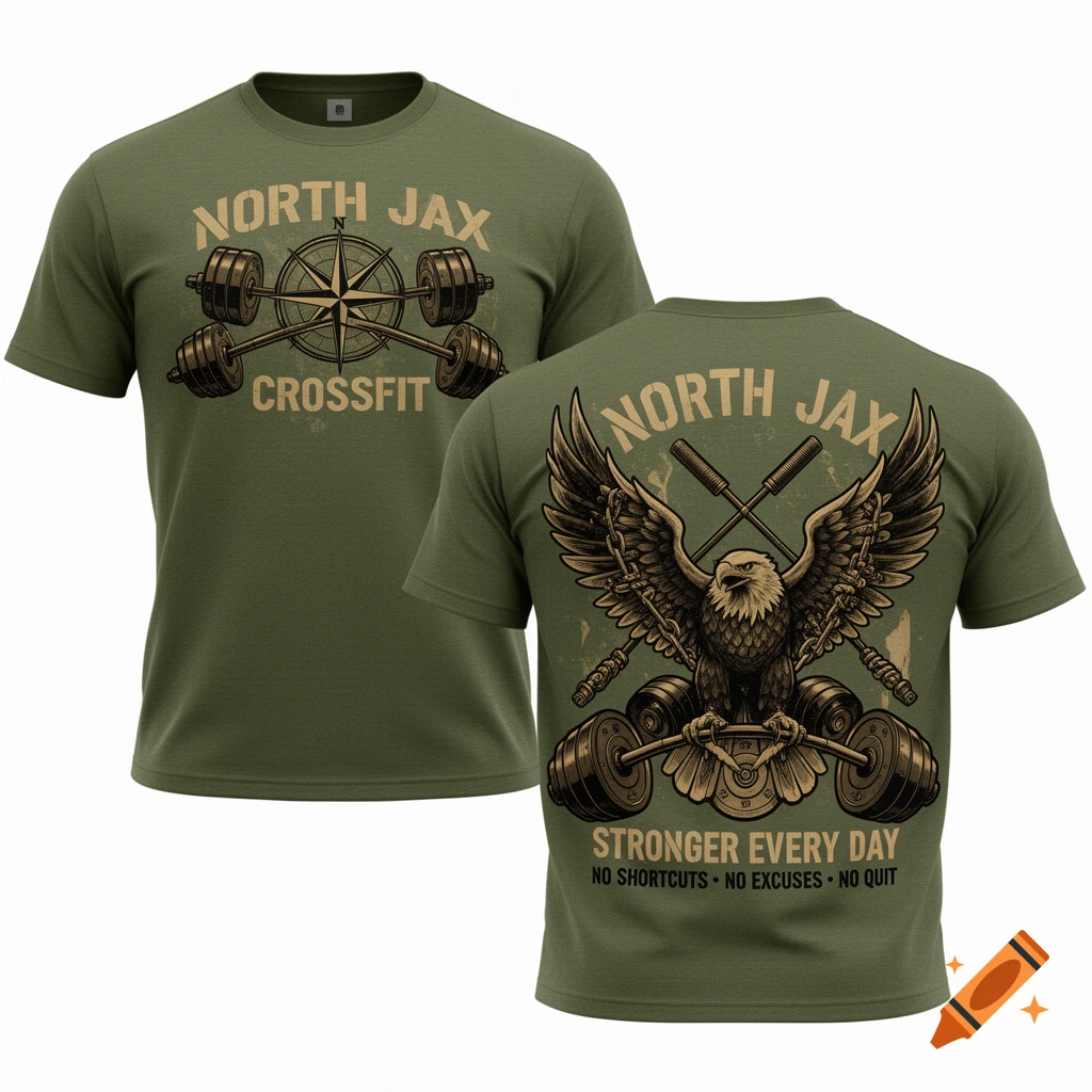 An olive green t-shirt with front and back views. The front features "NORTH JAX CROSSFIT" with a compass rose and barbells. The back has a bald eagle gripping a barbell with "NORTH JAX" and "STRONGER EVERY DAY, NO SHORTCUTS  NO EXCUSES  NO QUIT" text.