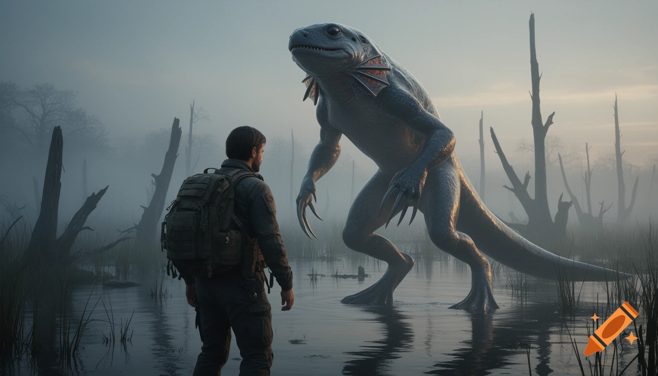 A human explorer wearing a backpack faces a towering reptilian humanoid creature in a foggy, mist-shrouded swamp at dawn.