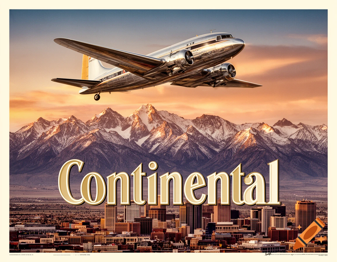 A vintage advertisement shows a chrome airplane flying over a mountain range and city at sunset, with large "Continental" text.