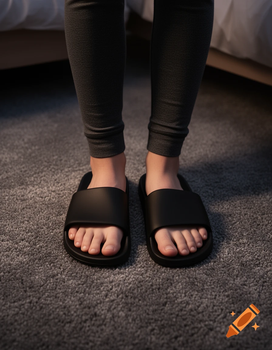 Downward view of feet in black slider sandals on a grey carpet, with dark pajama pants. Photorealistic image.
