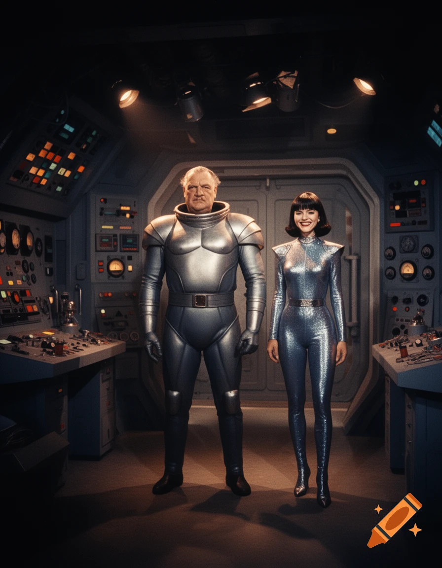 A man and a woman in shiny silver retro-futuristic suits stand in a spaceship cockpit with control panels.