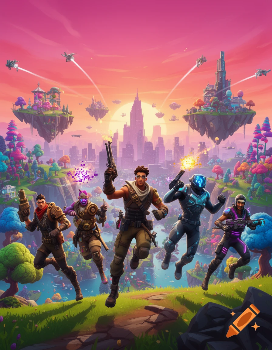 Five stylized characters with weapons run through a vibrant, futuristic landscape with floating islands and a distant cityscape under a sunset.