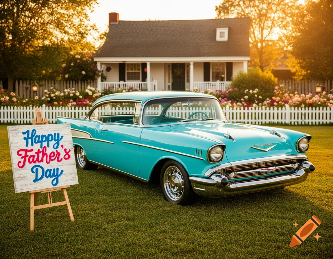 A turquoise 1957 Chevrolet Bel Air parked on a green lawn in front of a white house, with a 'Happy Father's Day' sign nearby at sunset.