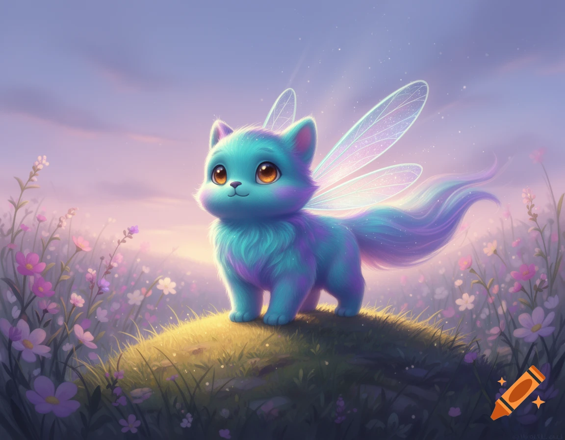 A fluffy blue and purple fairy cat with glowing wings stands on a grassy hill with pink and purple flowers under a pastel sky.