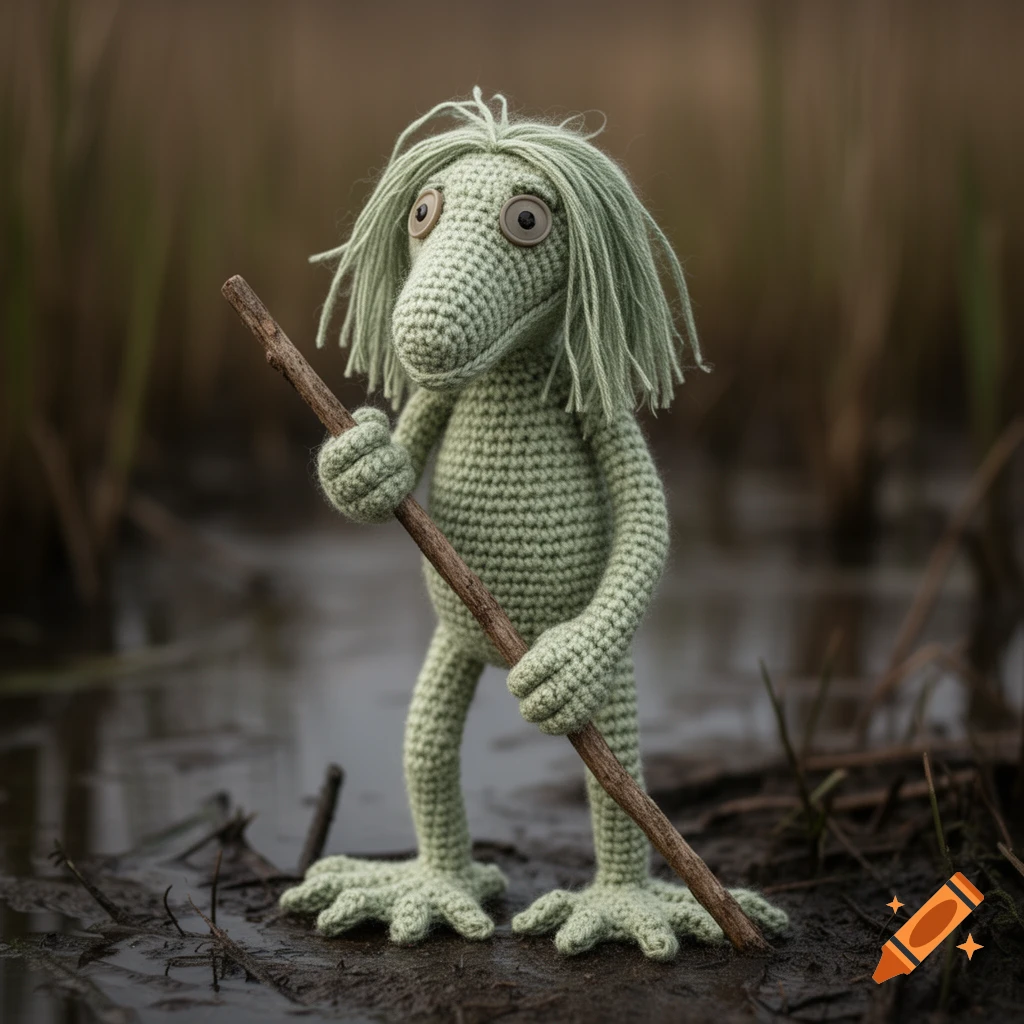 A crocheted Puddleglum doll, pale green with stringy hair, stands in a muddy marsh holding a long stick.