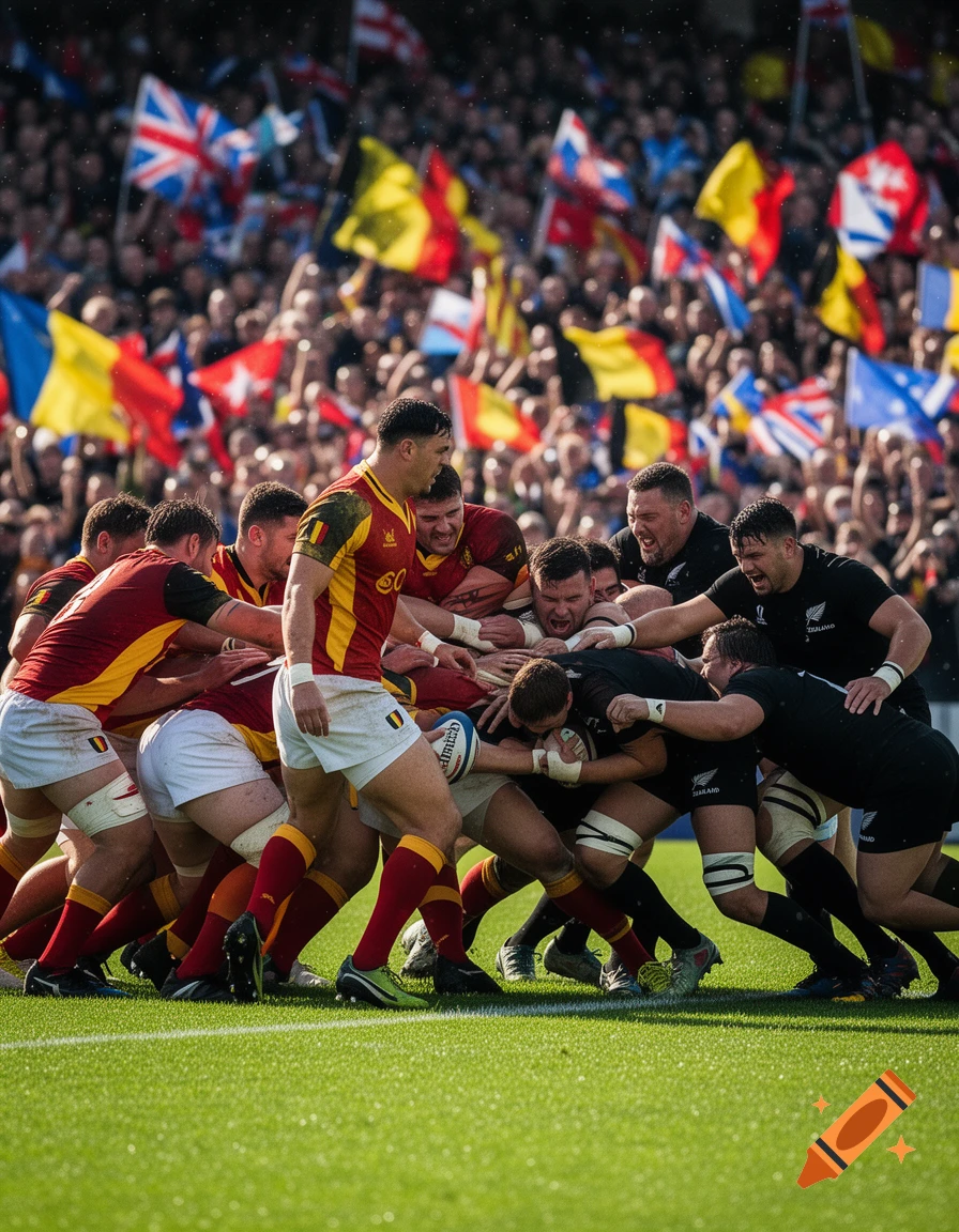 Photorealistic image of rugby players in a scrum on a green field, surrounded by a cheering crowd waving international flags.