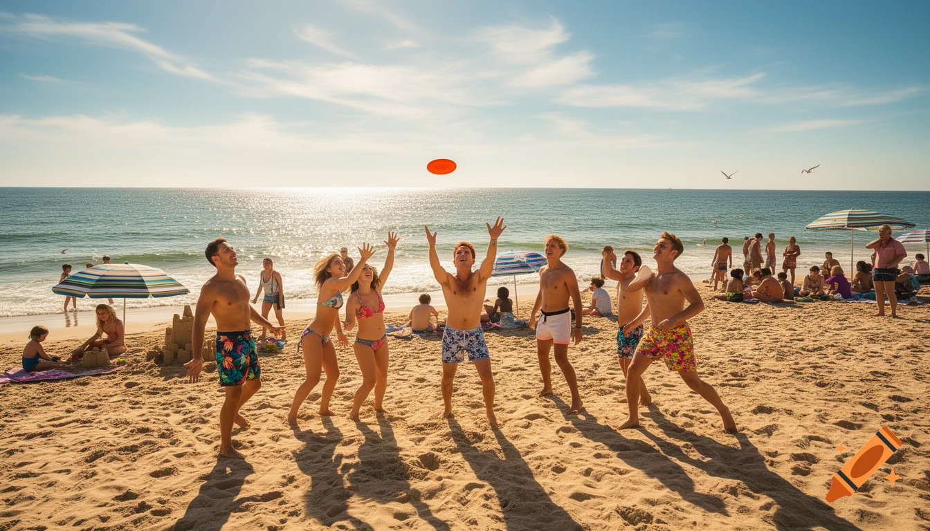 A group of young adults playing frisbee on a sunny, crowded beach. Many other beachgoers are visible in the background.