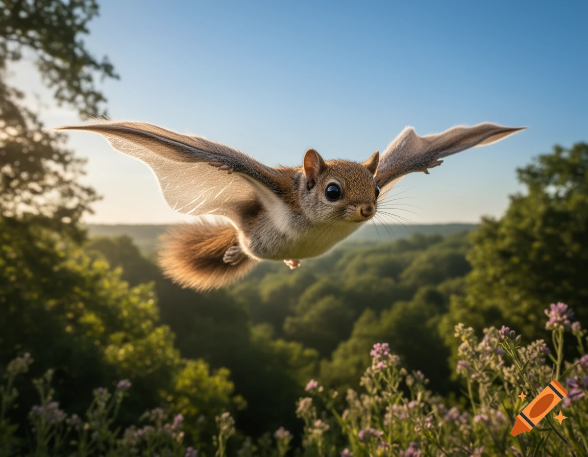 A photorealistic flying squirrel with large wing-like membranes soars against a clear blue sky over a sunlit green forest.