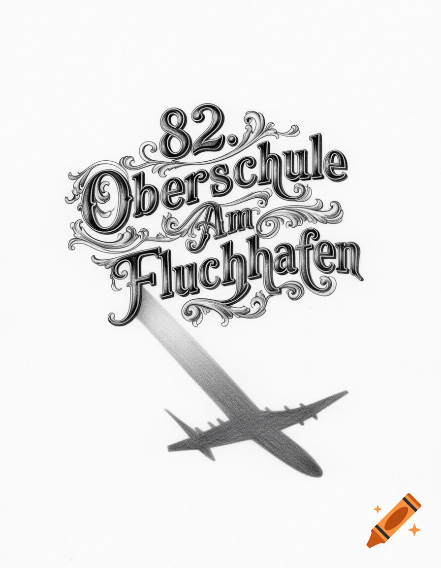 Decorative black and white illustration of the text '82. Oberschule Am Flughafen' with an airplane shadow below, in a pencil sketch style.