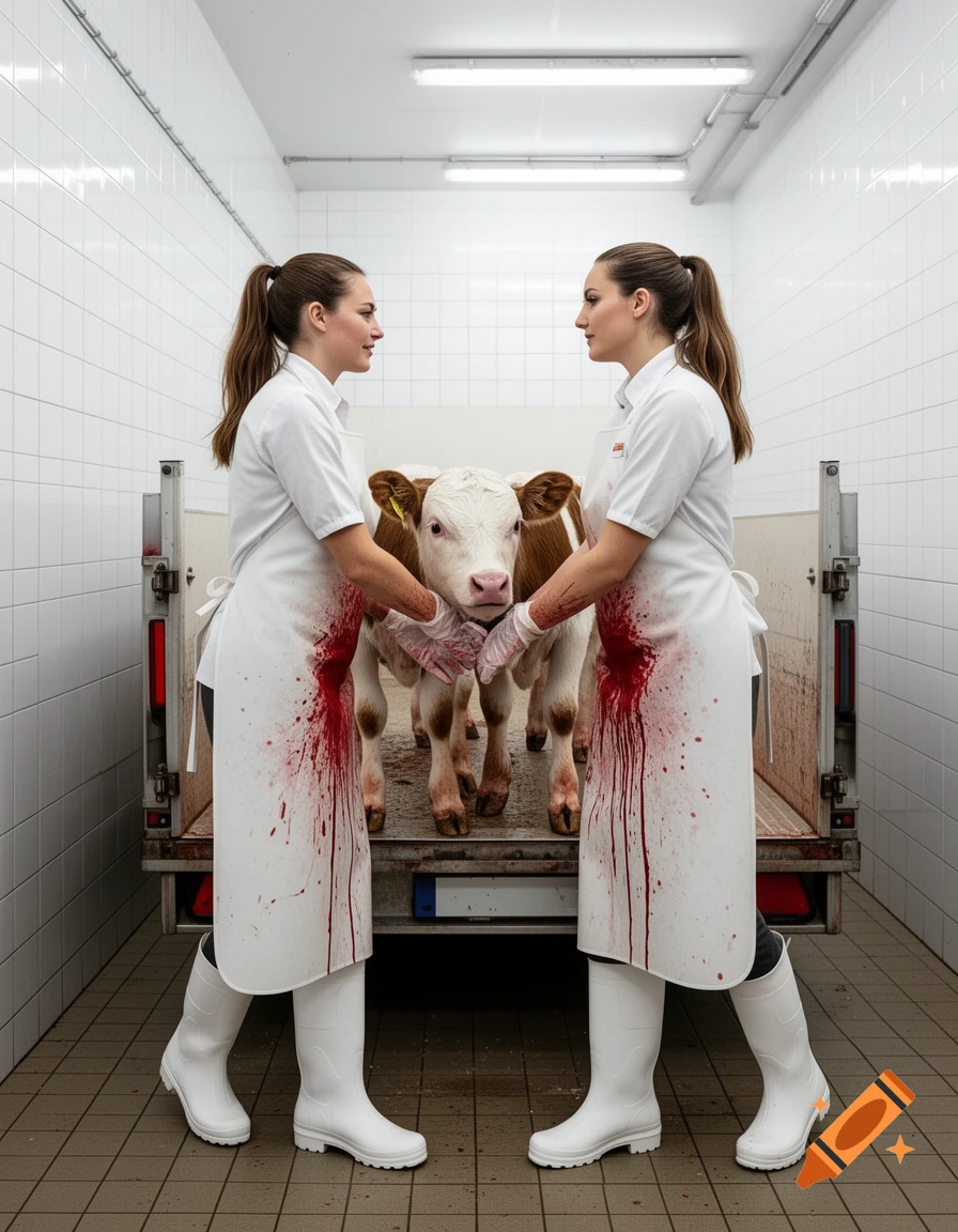 Two women in blood-splattered white aprons and boots stand in a tiled room, holding a calf in a trailer.