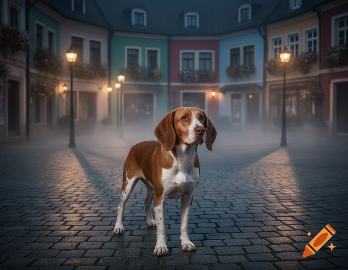 A brown and white hound dog stands on a cobblestone street in a misty town square with colorful buildings and lampposts at dusk.