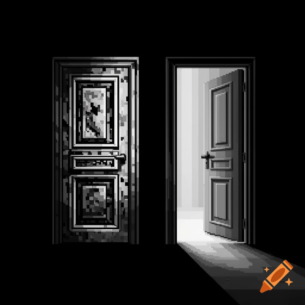 A black and white pixel art image of two doors, one closed and one ajar, with light streaming from the open door.