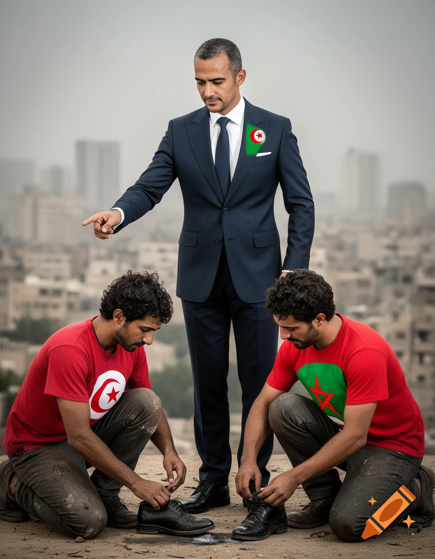 A man in a dark suit with an Algerian flag on his pocket points as two men, one with a Tunisian flag shirt and one with a Moroccan flag shirt, kneel to tie his shoes in an urban setting.