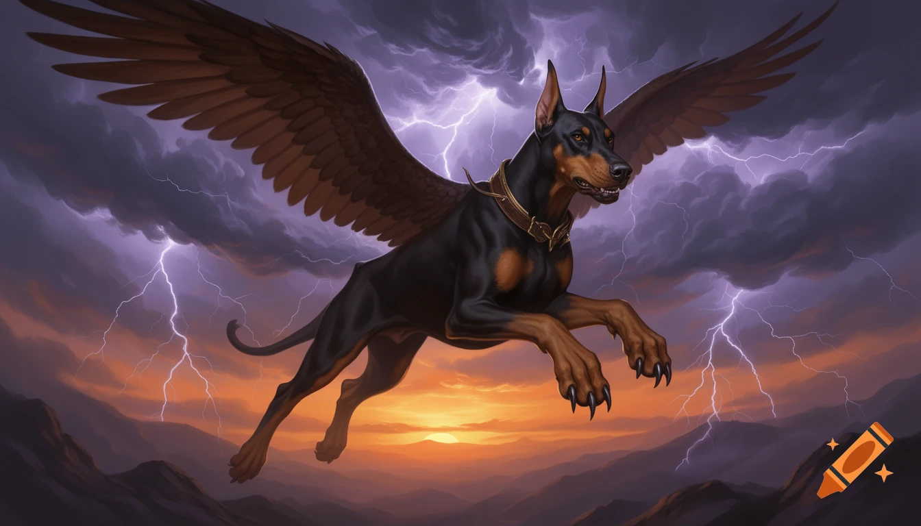 A muscular, winged Doberman flies through a dramatic stormy sunrise sky with lightning.