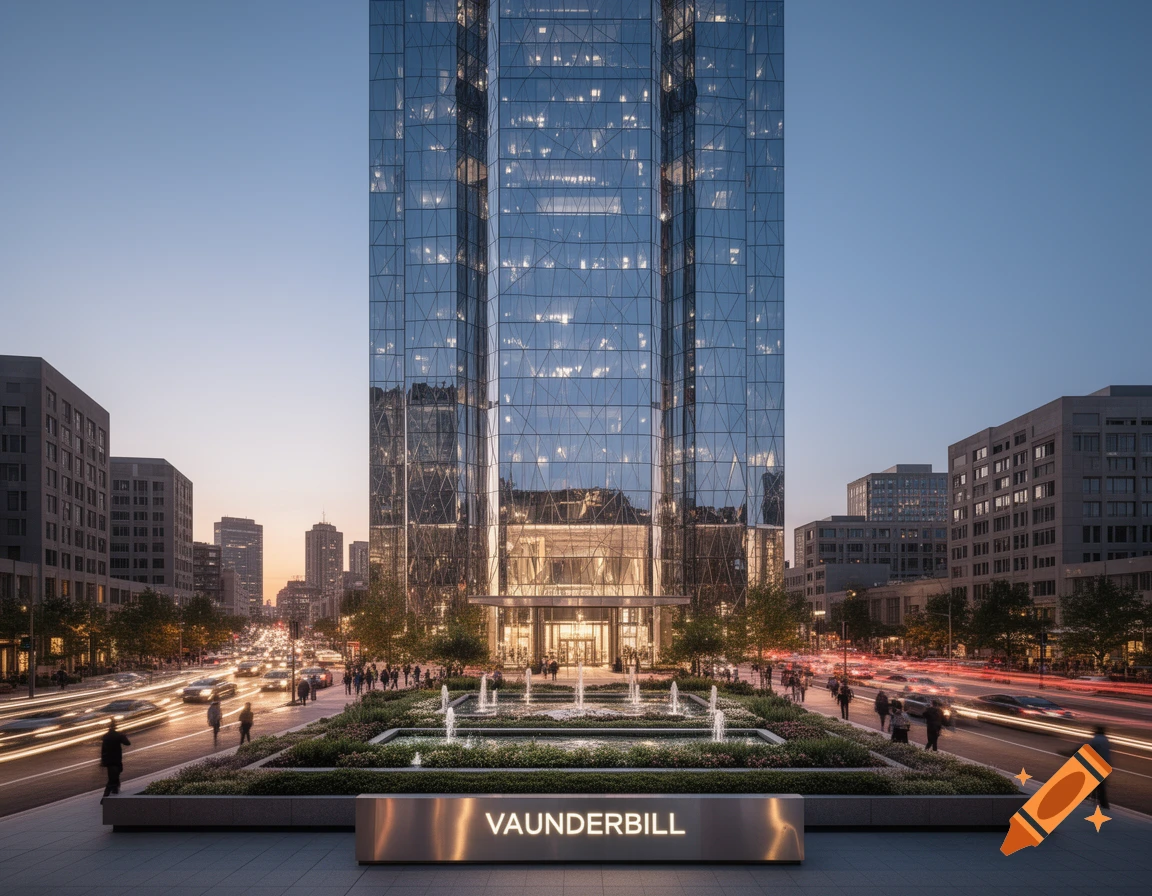 A modern glass skyscraper with a fountain plaza, surrounded by city streets with light trails from cars at dusk, with a sign reading 'VAUNDERBILL'.