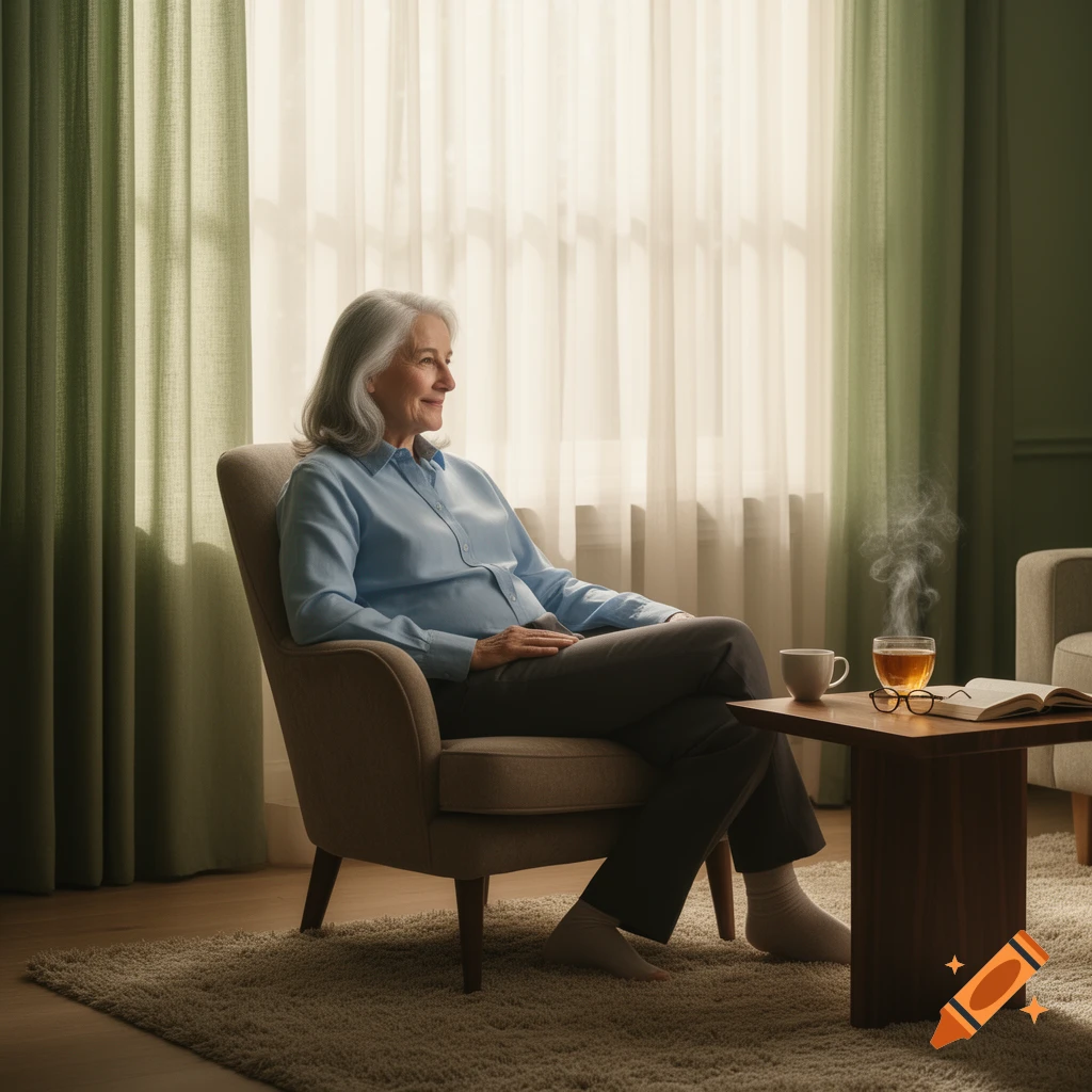 An older woman with gray hair sits in an armchair by a window, looking thoughtful. A cup of steaming tea and a book are on a table.