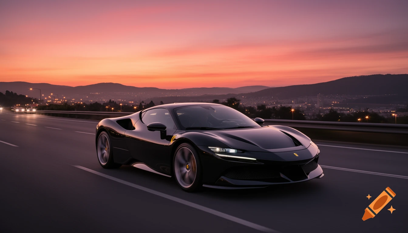A black Ferrari SF90 drives on a highway at sunset, with city lights and mountains in the background, photorealistic style.