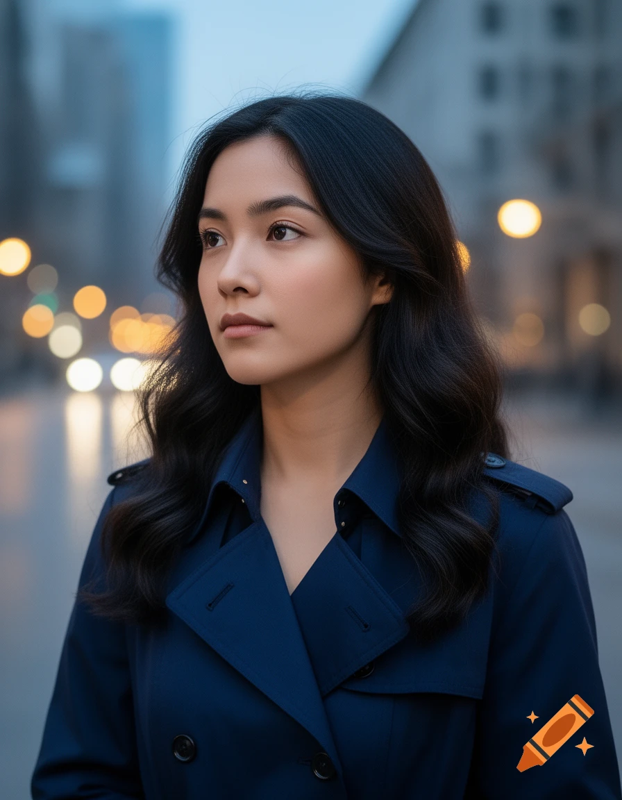 A young woman with dark hair in a navy trench coat stands on a city street at dusk, blurred lights in the background. Photorealistic style.