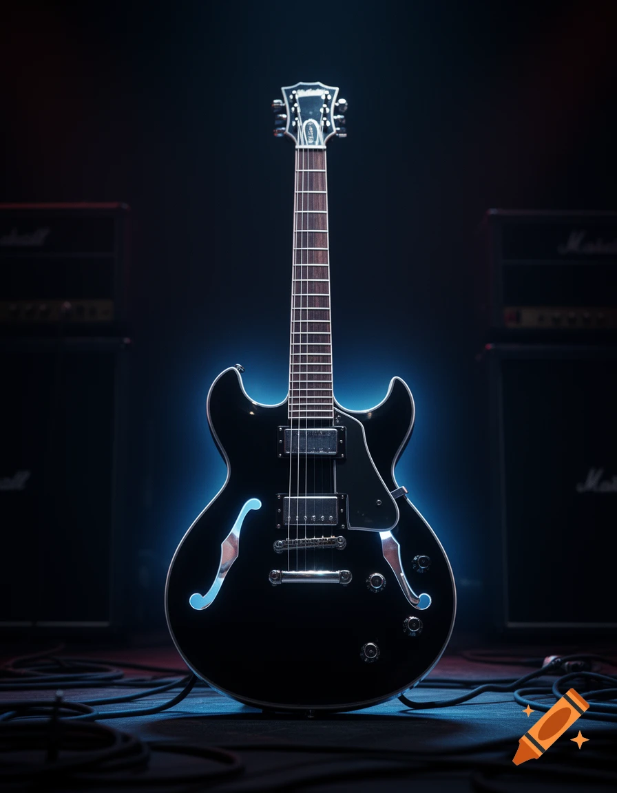 A black electric guitar with a glowing blue outline stands on a dark stage, with amplifiers in the background.