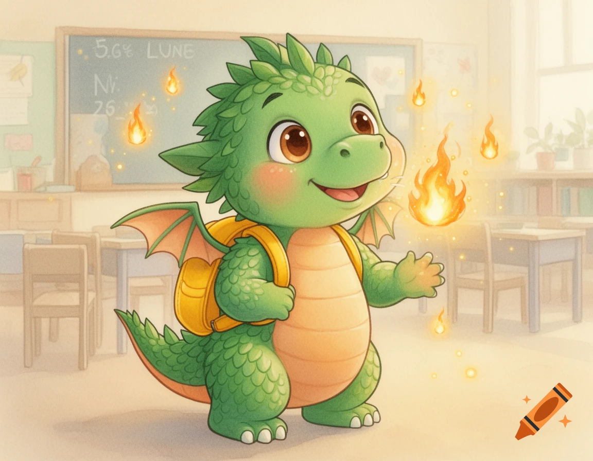 A cute green baby dragon with a yellow backpack hiccups glowing fire embers in a classroom, in a children's book illustration style.