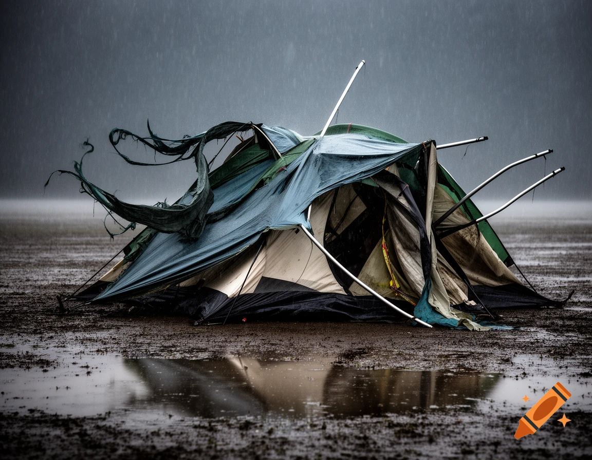 A collapsed, torn camping tent on muddy ground under heavy rain during a severe storm, depicted in a photorealistic style.