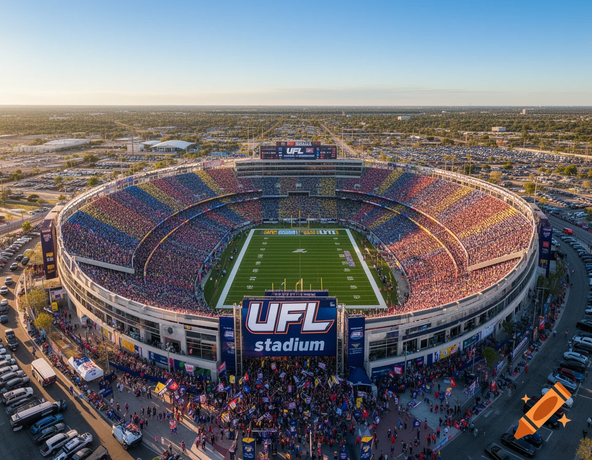 Aerial view of a packed UFL stadium during a game, surrounded by parking lots and city sprawl under a clear sky.
