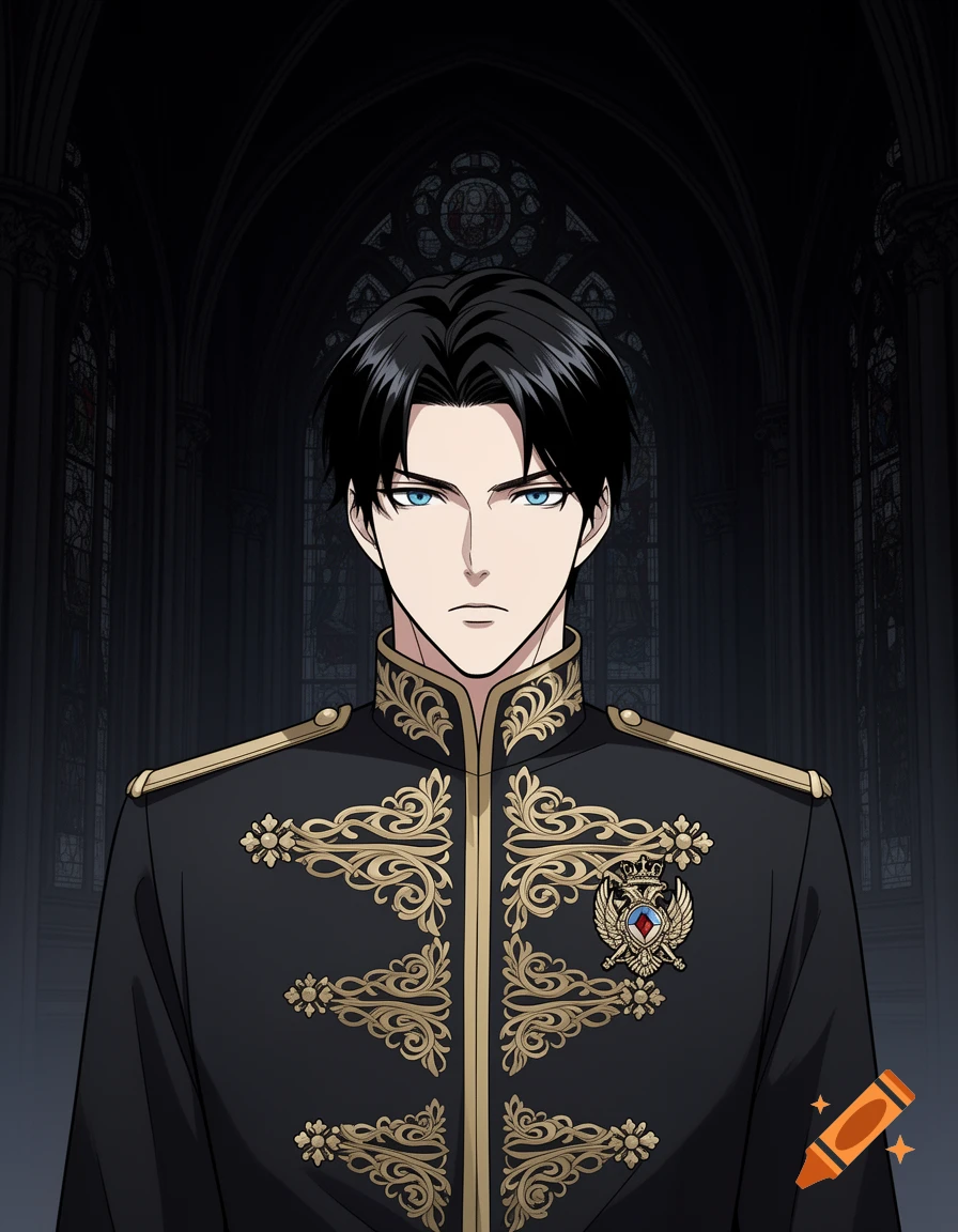 A serious young prince with black hair and blue eyes, wearing a black and gold royal uniform, stands in a dark gothic cathedral in a manhwa style.