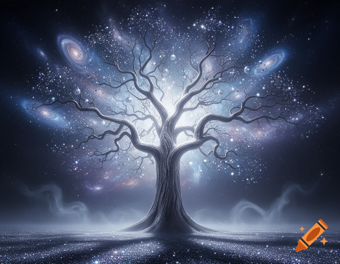 A majestic, gnarled cosmic tree with glowing stars and swirling galaxies forming its canopy and background, over sparkling ground.