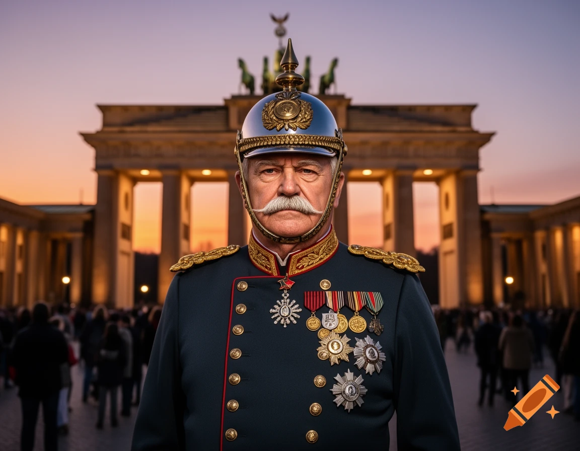 A stern man in a historical Prussian military uniform with a Pickelhaube helmet stands in front of the Brandenburg Gate at sunset.