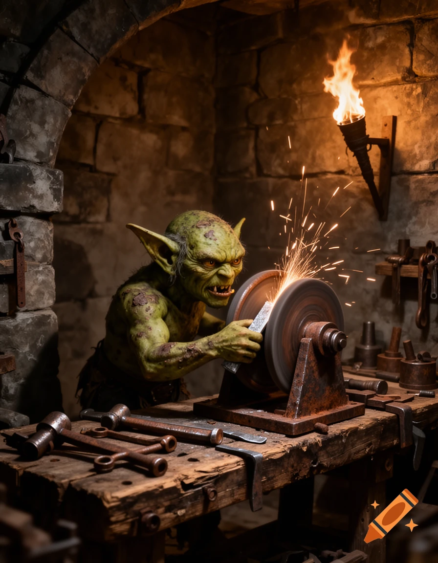 A green-skinned goblin with pointy ears grinds a metal blade on a rotating stone, creating sparks in a dimly lit stone workshop.