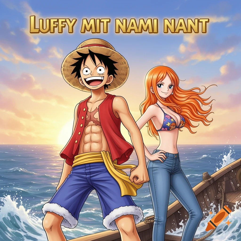 Anime art of Luffy and Nami on a boat at sunset, with the text 'LUFFY MIT NAMI NANT' above them.