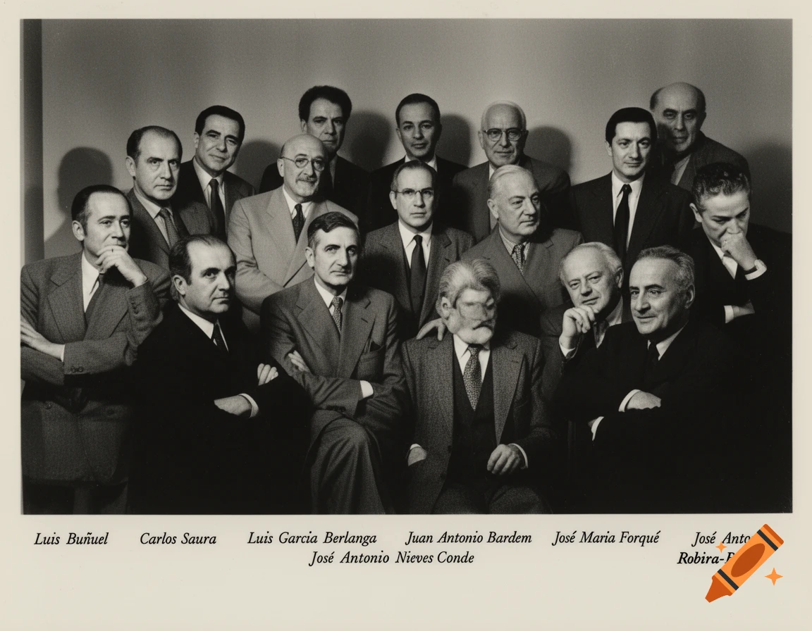 Vintage black and white group portrait of sixteen European film directors, with their names labeled below them.