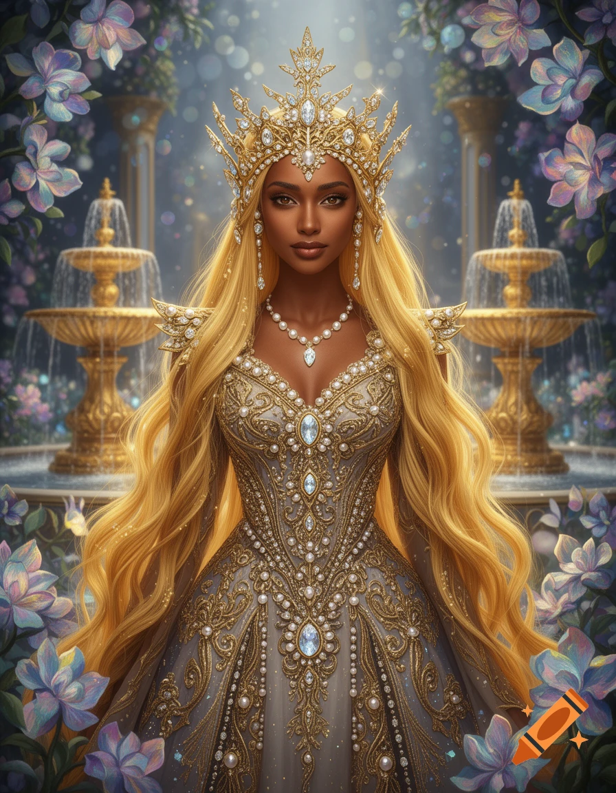 A majestic dark-skinned queen with golden hair, wearing an ornate gold crown and jeweled gown, in a magical garden with fountains.
