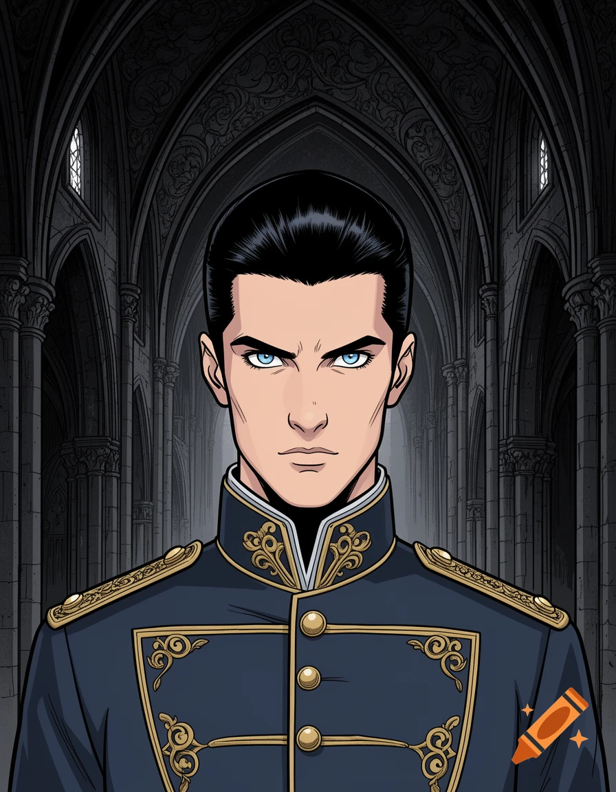 A handsome young prince in a royal uniform stares forward in a dark gothic cathedral, in a graphic novel, 2D style.