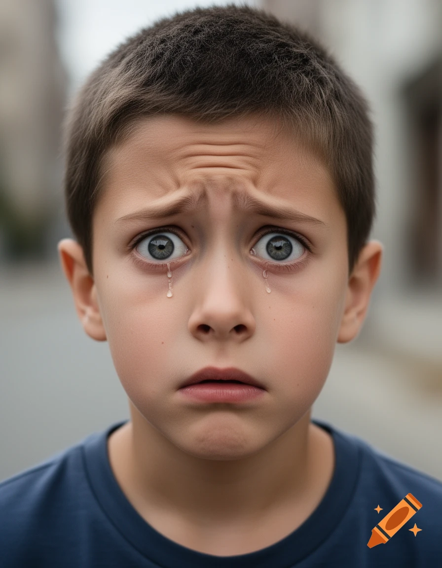 Close-up photorealistic portrait of a young boy with wide, scared eyes and tears streaming down his cheeks.