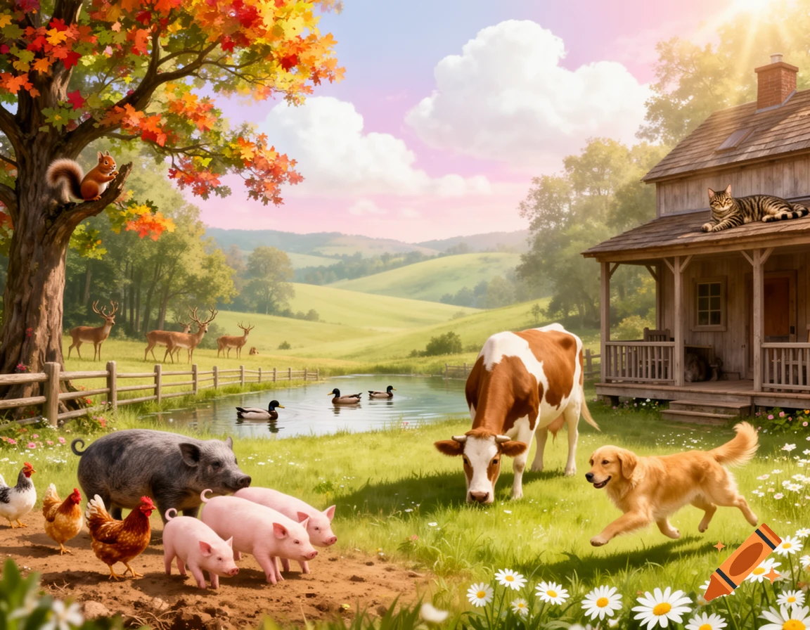 A vibrant illustration of a diverse animal scene on a lush farm, with a farmhouse, pond, and autumn trees.