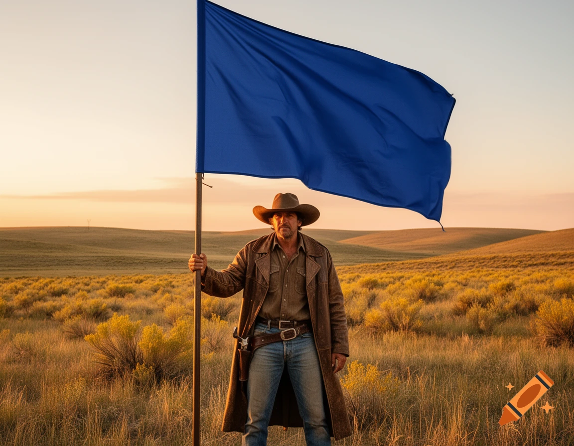 A cowboy holds a large plain blue flag in a vast, golden grassy field at sunset.