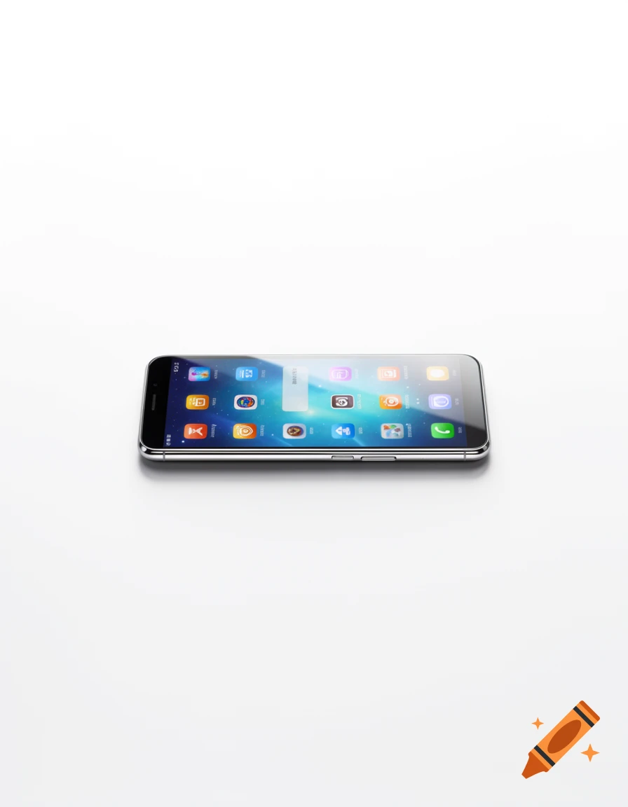 A photorealistic smartphone lies flat on a white surface, its screen displaying a grid of colorful app icons.
