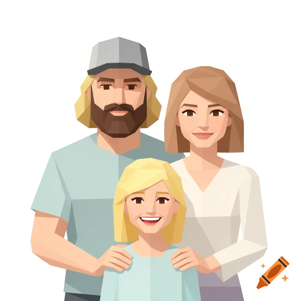 Low poly illustration of a smiling family: a bearded man in a cap, a woman, and a blonde girl in the foreground.