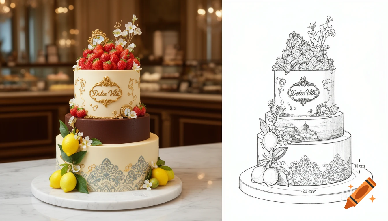 A luxurious three-tiered Dolce Vita themed cake with lemons and strawberries, next to its professional design sketch on a marble table.