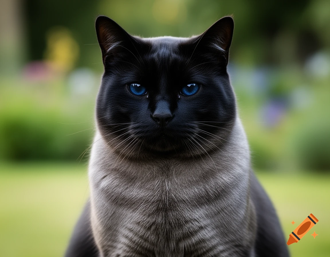 Photorealistic close-up of a black and grey cat with striking dark blue eyes, looking forward.